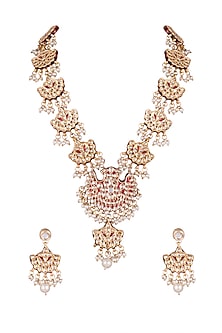 Gold Finish Kundan Red Long Necklace Set