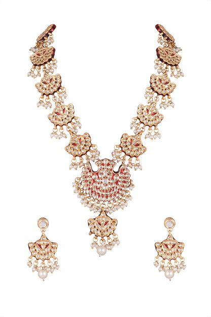 Gold Finish Kundan Red Long Necklace Set