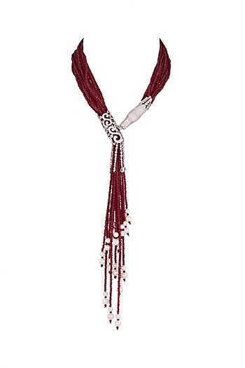 Silver Finish Zircon & Bead Mala Necklace
