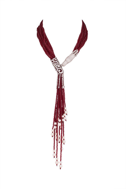 Silver Finish Zircon & Bead Mala Necklace