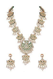 Gold Finish Kundan Green Long Necklace Set
