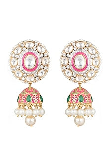 Gold Finish Enamled Pearl Jhumka Earrings