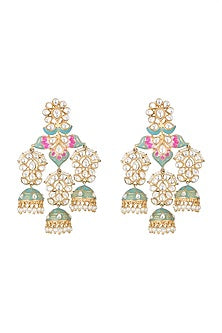 Gold Finish Kundan Enamled Long Earrings