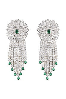 White Finish Zircon & Emerald Long Earrings