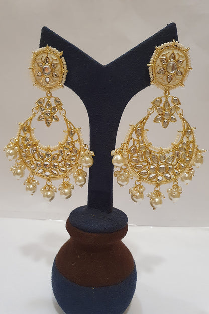 Gold Finish Kundan & Pearl Meenakari Earrings