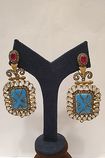 Gold Finish Aqua Blue Stone Earrings