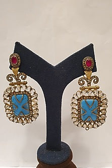 Gold Finish Aqua Blue Stone Earrings