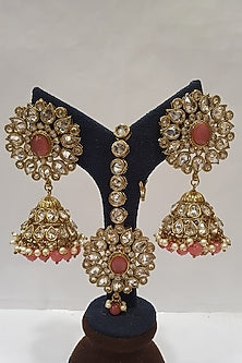 Gold Finish Pink Stone Earrings
