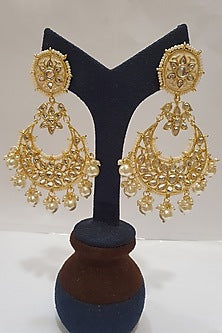 Gold Finish Kundan & Pearl Meenakari Earrings