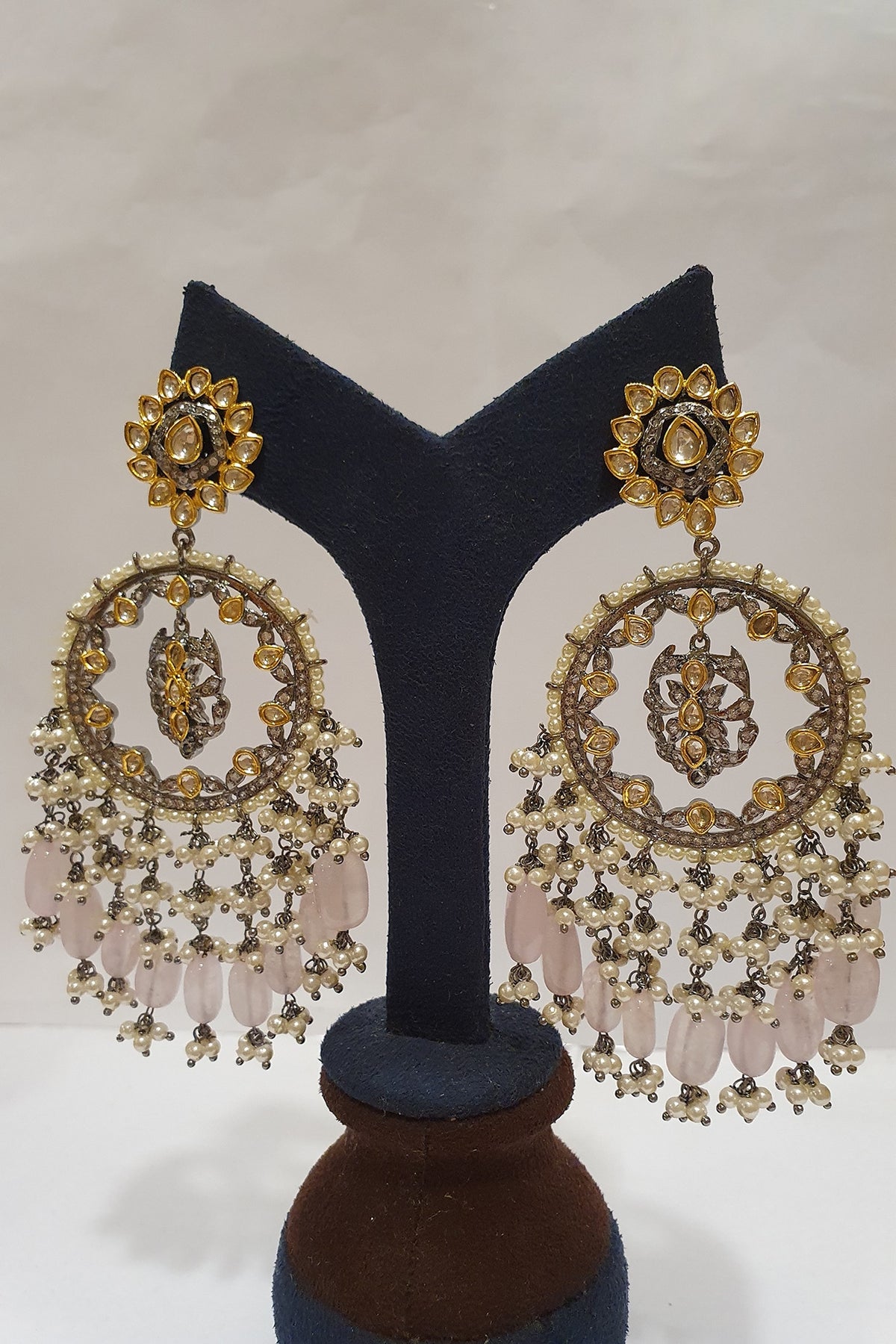 Gold Finish Pink Stone Earrings
