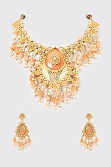 Gold Finish Peach Stone & Kundan Polki Long Necklace Set