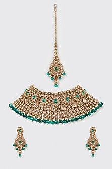 Gold Finish Green Stone & Kundan Polki Choker Necklace Set