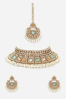 Gold Finish Kundan Polki & Multi-Colored Stone Choker Necklace Set