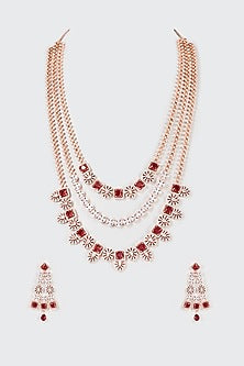Rose Gold Finish Red Zircon Layered Long Necklace Set