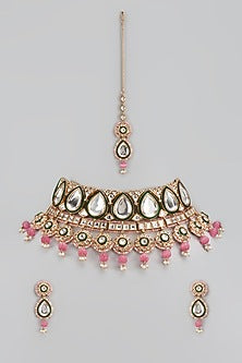 Gold Finish Kundan Polki & Pink Beaded Meenakari Choker Necklace Set