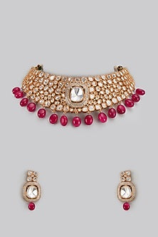 Gold Finish Kundan Polki & Red Beaded Necklace Set