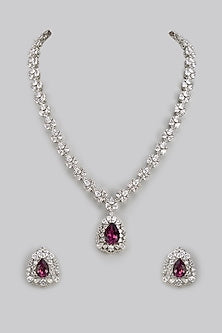 White Finish Zircon & Purple Stone Long Necklace Set
