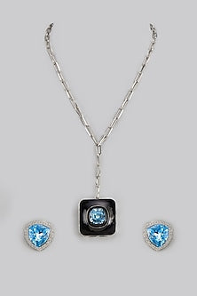 White Finish Zircon & Blue Stone Long Necklace Set