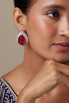 Silver Finish Zircon & Ruby Stone Stud Earrings