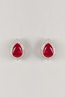 Silver Finish Zircon & Ruby Stone Stud Earrings