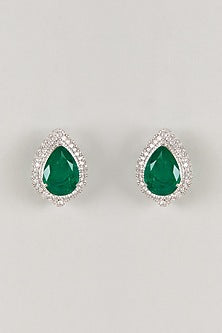 Silver Finish Zircon & Emerald Stone Stud Earrings