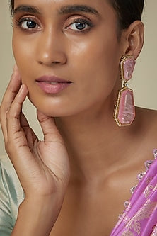 Gold Finish Zircon & Rose Quartz Stone Dangler Earrings