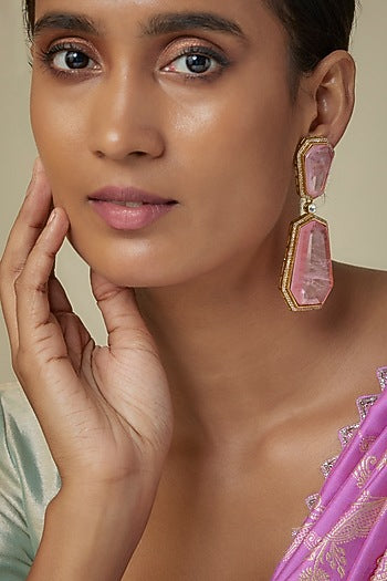 Gold Finish Zircon & Rose Quartz Stone Dangler Earrings