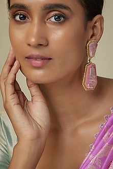 Gold Finish Zircon & Rose Quartz Stone Dangler Earrings