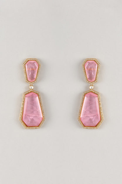 Gold Finish Zircon & Rose Quartz Stone Dangler Earrings