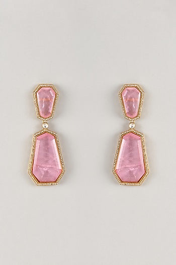 Gold Finish Zircon & Rose Quartz Stone Dangler Earrings