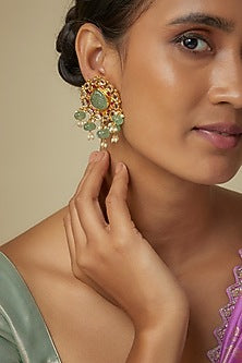 Gold Finish Pearl Beads & Moissanite Stone Dangler Earrings In Sterling Silver
