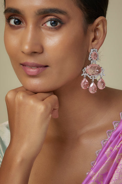 Silver Finish Zircon & Rose Quartz Stone Dangler Earrings