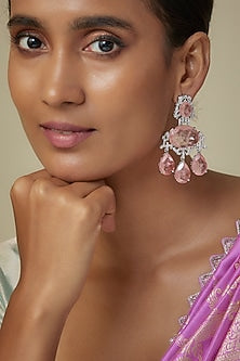 Silver Finish Zircon & Rose Quartz Stone Dangler Earrings