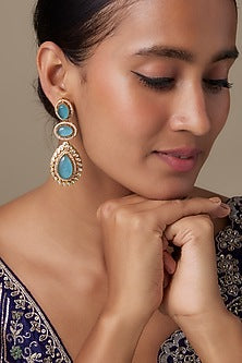 Gold Finish Zircon & Blue Sapphire Stone Dangler Earrings