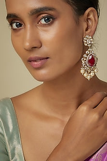 Gold Finish Zircon & Ruby Stone Dangler Earrings In Sterling Silver