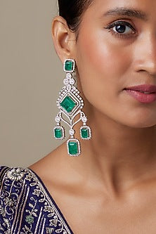 Silver Finish Zircon & Emerald Stone Dangler Earrings