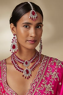 Silver Finish Zircon & Ruby Stone Long Necklace Set