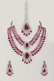 Silver Finish Zircon & Ruby Stone Long Necklace Set
