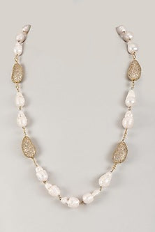 Gold Finish Zircon & Barouk Pearl Long Necklace