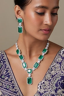 Silver Finish Zircon & Emerald Stone Long Necklace Set