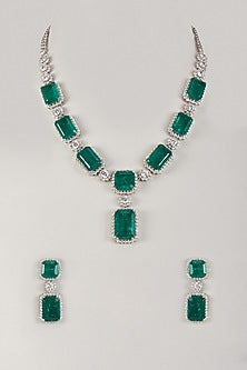 Silver Finish Zircon & Emerald Stone Long Necklace Set