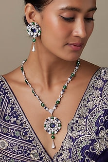 Silver Finish Zircon & Emerald Stone Necklace Set