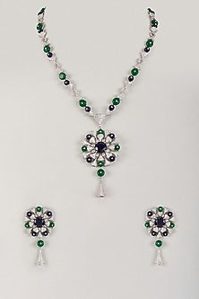Silver Finish Zircon & Emerald Stone Necklace Set