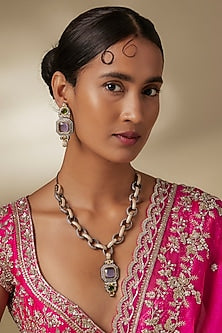 Silver Finish Zircon & Amethyst Stone Long Necklace Set