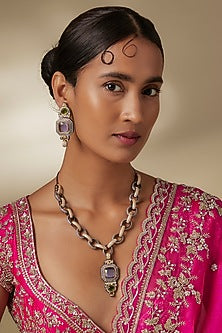 Silver Finish Zircon & Amethyst Stone Long Necklace Set