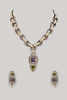 Silver Finish Zircon & Amethyst Stone Long Necklace Set