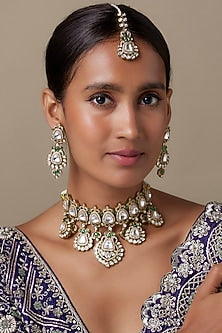 Gold Finish Kundan Polki & Emerald Zircon Choker Necklace Set