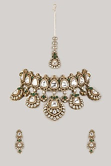 Gold Finish Kundan Polki & Emerald Zircon Choker Necklace Set