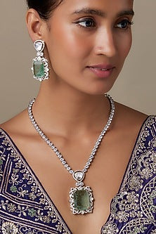 Silver Finish Turquoise Stone & Zircon Long Necklace Set