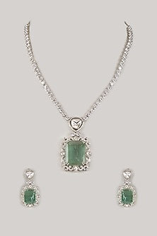 Silver Finish Turquoise Stone & Zircon Long Necklace Set